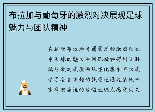 布拉加与葡萄牙的激烈对决展现足球魅力与团队精神